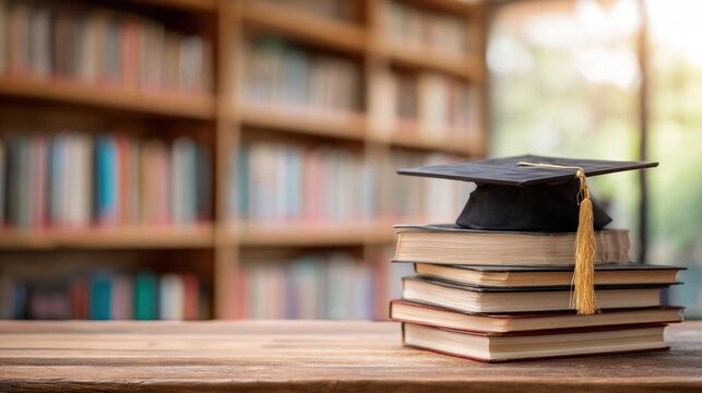 A graduation cap and books on a wooden table in a library. - Powered by Adobe