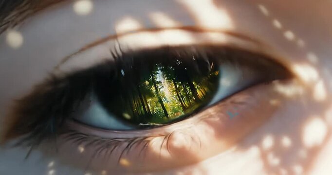 Close-up of a human eye reflecting a vibrant forest scene, with soft shadows dancing across the skin