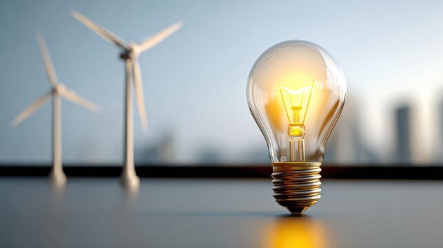 A light bulb with a glowing filament in front of two wind turbines, with a city skyline in the background.