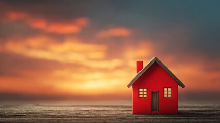 A red toy house on a wooden table with a sunset in the background.