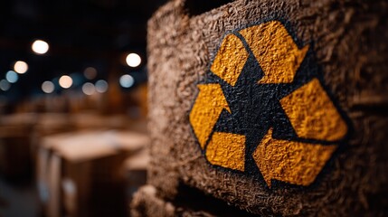 Vibrant recycling symbol painted on rough textured material in dimly lit industrial warehouse, promoting sustainability and eco friendly practices.