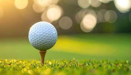 Golf Ball on Tee in Lush Green Grass with Bokeh Golden Sunlight at Golf Course © nisa