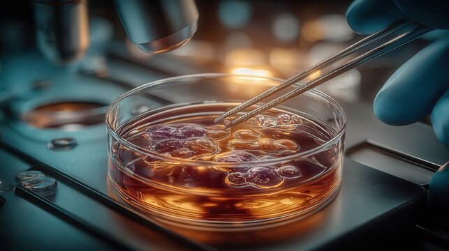 Scientist meticulously examines cellular structures in petri dish under microscope, advancing medical research and discovery