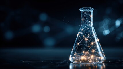 A glass beaker with a network of connections on a dark background.