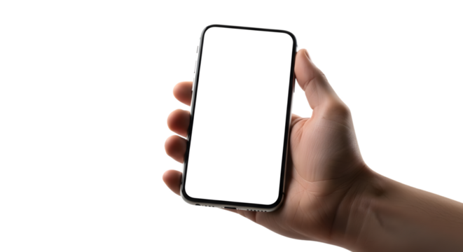 Hand holding a smartphone with blank screen isolated on transparent background
