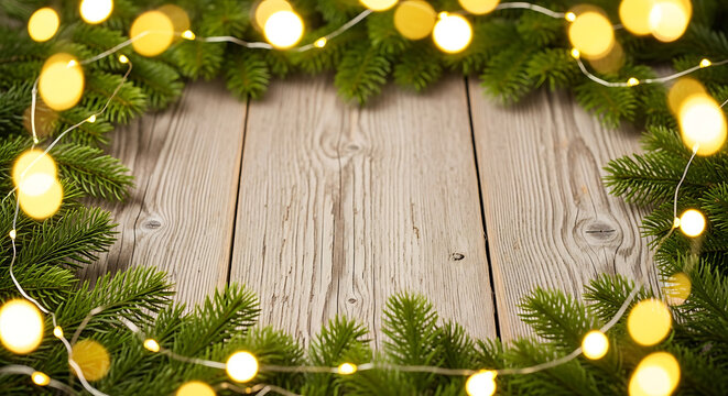 Christmas fir branches and warm fairy lights on a wooden background