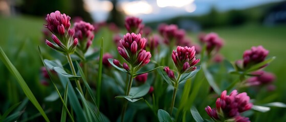 Obraz premium Close-Up View of Vibrant Pink Wildflowers in a Green Meadow During Golden Hour
