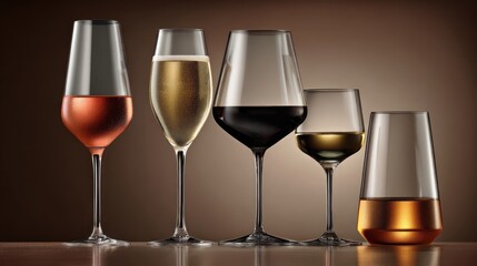A variety of wine glasses filled with different types of wine, including white, red, and rosé, arranged in a row on a wooden surface