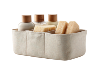 Bathroom organizer with bottles and sponges, neutral tones