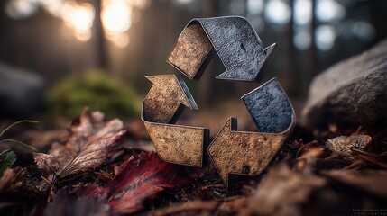 Stunning metallic recycle symbol nestled in forest floor with warm sunlit bokeh, symbolizing eco-friendly sustainability and environmental care.