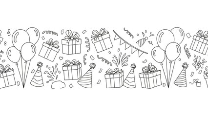 Seamless hand-drawn doodle border pattern with festive birthday party elements