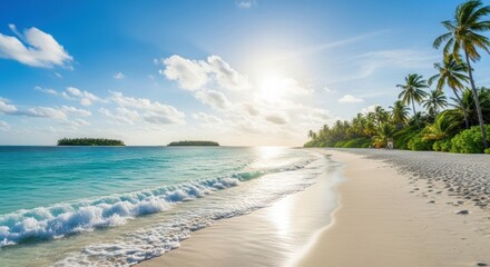 Obraz premium Idyllic Tropical Beach with Palm Trees and Turquoise Ocean Waves, Sea, Water, Sand
