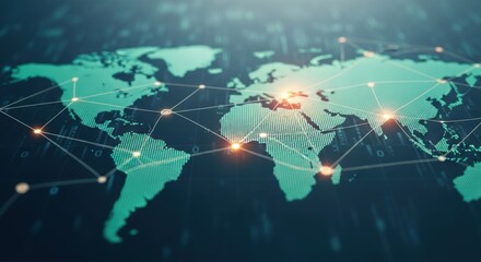 Global Network Connections on Digital World Map, Technology, Communication, Data