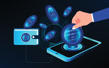 Concept of mobile payments. Wallet connected with mobile phone.