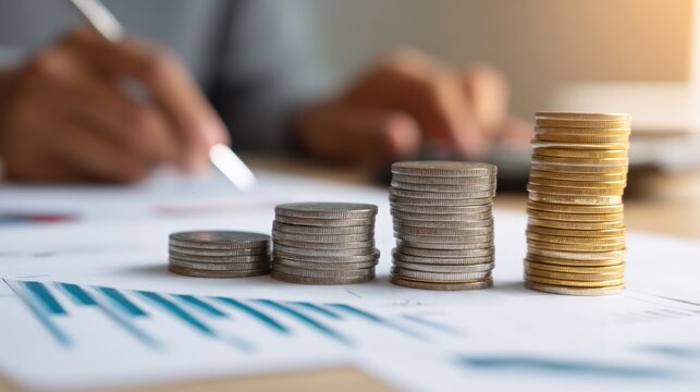 A stack of coins on a table with a pen and calculator in the background. - Powered by Adobe