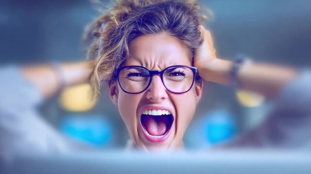 Unleashing Inner Turmoil: A woman with eyeglasses clutches her hair and opens her mouth widely in a moment of intense emotional strain, suggesting a struggle with overwhelming feelings. 