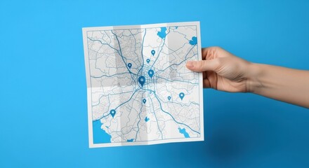 Person Holding City Map with Location Pins, Hand, Blue, Background