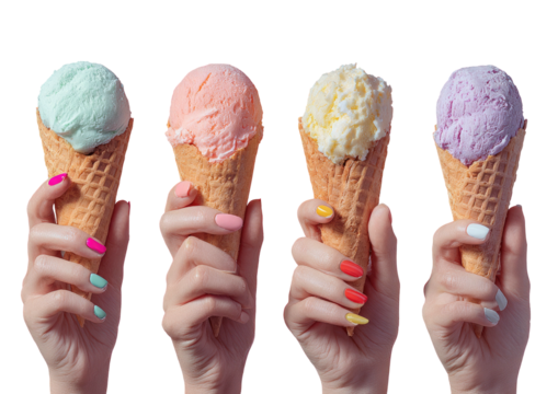 Four hands holding colorful ice cream cones