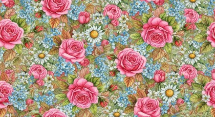 Watercolor Floral Pattern with Pink Roses, Daisies, and Forget-Me-Nots, Seamless, Background, White daisies