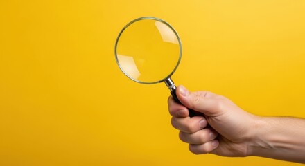 Magnifying glass in hand searching on yellow background, Find, Investigate, Examine