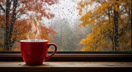 Cozy Red Mug of Coffee on a Rainy Autumn Day, Window, Steam, Droplets