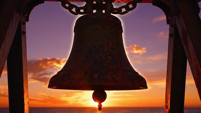Dramatic Silhouette of a Bell Against a Sunset with Golden Hour Lighting and Calming Ocean View