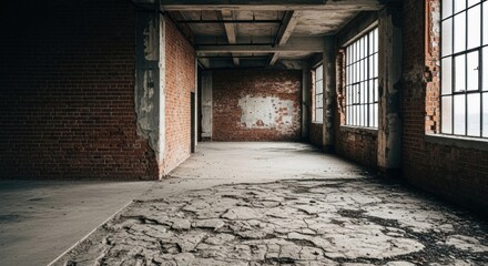 Abandoned Industrial Interior with Broken Floor and Brick Walls, Building, Factory, Warehouse
