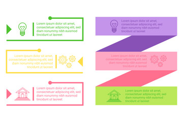 Infographic set displaying various concepts using colorful designs and graphics. It including elements like light bulbs and buildings, organized in clear layout for easy understanding