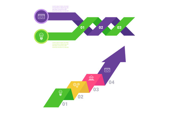 Infographic illustrating clear progression of steps in growth and innovation. Each phase featuring icons representing essential concepts for development and success in business and ideas