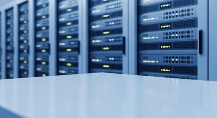 Server racks in a data center with lights on.