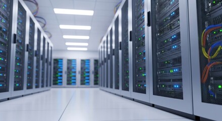 A server room with multiple servers and cables.