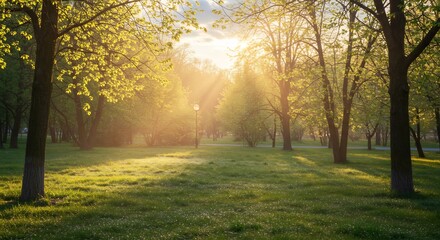 Naklejka premium 眩い木漏れ日が降り注ぐ新緑の森 黄金色の光が美しく輝く早朝の風景. AI Generated