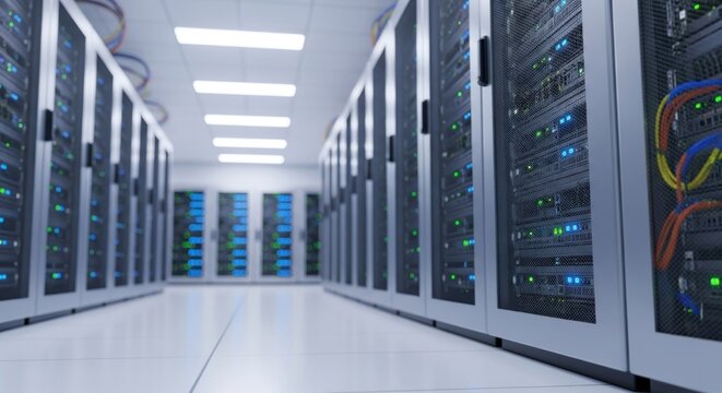 A server room with multiple servers and cables.
