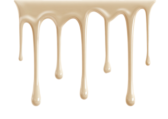 Beige drips of liquid, viscous and semi-transparent.