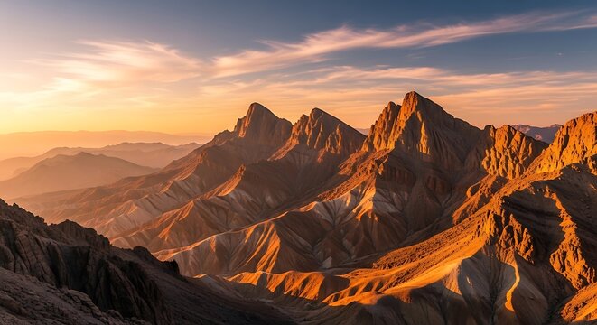 A scenic view of mountain ranges with a sunset sky casting warm light on the landscape peaks and valleys