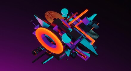 深い紫のグラデーション背景に鮮やかに光るネオンカラーの3D抽象幾何学図形群がダイナミックに組み合わさる未来的なデジタルアート. AI Generated