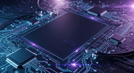 A futuristic circuit board with glowing purple and blue lights and intricate connections.