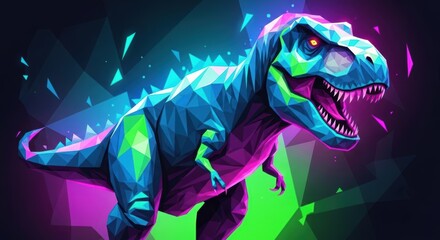 Neon Polygonal Tyrannosaurus Rex Roaring, Dinosaur, T-rex, Prehistoric