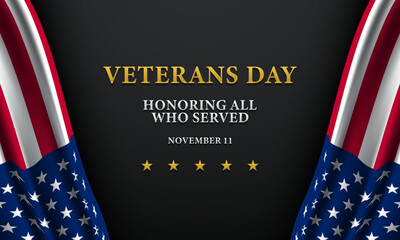 Veterans Day with Waving USA Flag on Black Background.