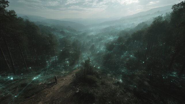 Futuristic glowing network spreading across dense forest symbolizing smart ecology, environmental sensors and data-driven sustainability