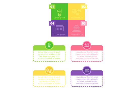 Infographic set presenting four colorful sections, each highlighting unique concept with icons, informative text, and clear layout. Design aiming for easy understanding and visual appeal