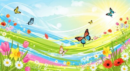 Vibrant Spring Meadow with Butterflies and Flowers, Nature, Floral, Blooming