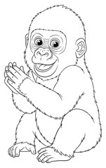 Adorable baby gorilla cartoon sitting and clapping its hands black and white line art vector illustration for coloring book