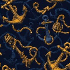 A vibrant pattern of nautical anchors and ropes illustrated in yellow against a dark background, conveying a marine-themed aesthetic.