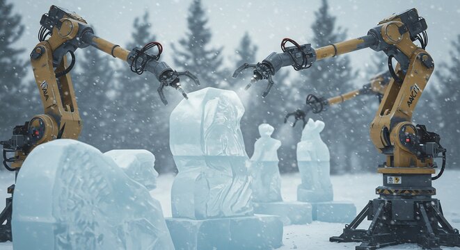 雪が降り積もる冬の森で産業ロボットが静かに氷を彫り芸術的な像を生み出す幻想的な情景. AI Generated
