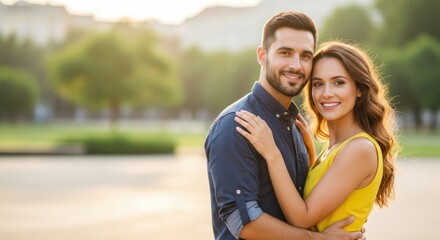 A couple embracing in a park with a sunset in the background.