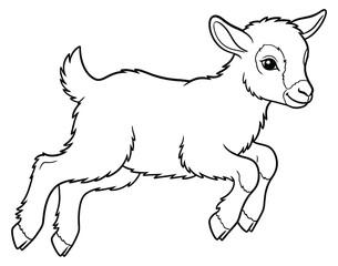 Jumping baby goat outline drawing Kids coloring page farm animal line art vector illustration monochrome