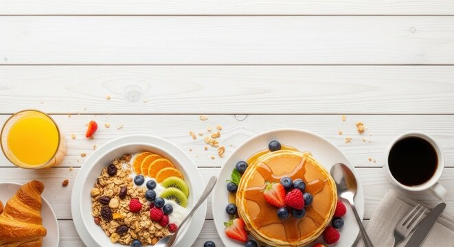 A breakfast table with pancakes, granola, and fresh berries.