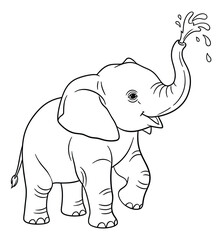 Happy cartoon elephant calf spraying water with its trunk vector illustration outline for coloring book