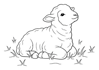 Cute cartoon lamb lying in grass line art drawing coloring page vector illustration